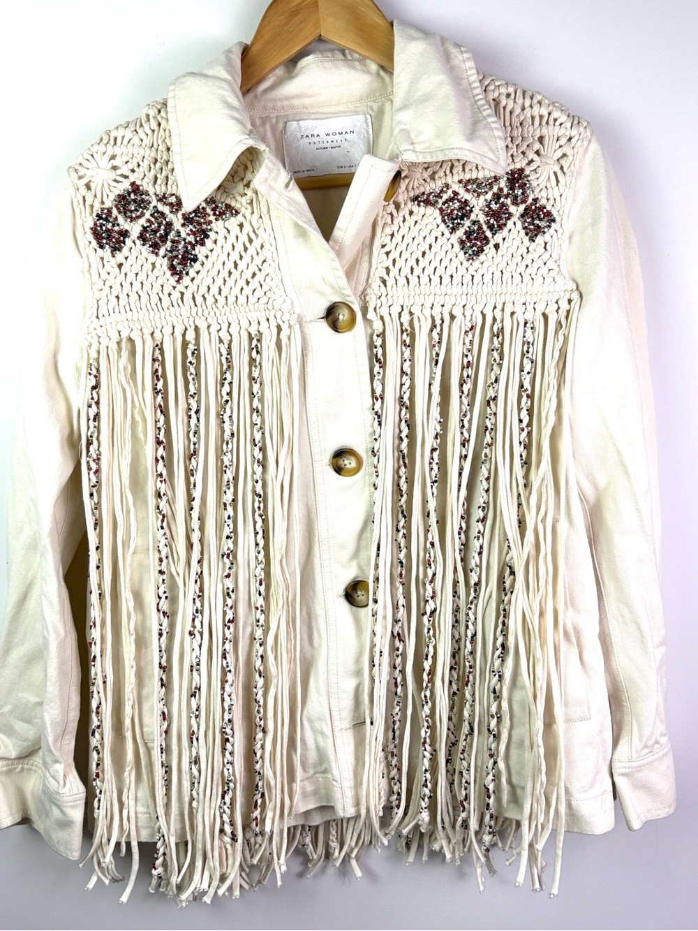 Zara Cream Fringe Crochet Accent Women's Jacket size S